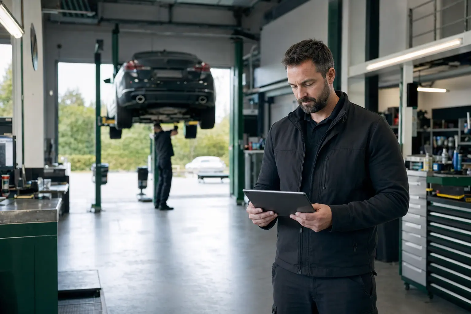 A garage owner checks the day's work on a tablet while a car sits on the lift behind him