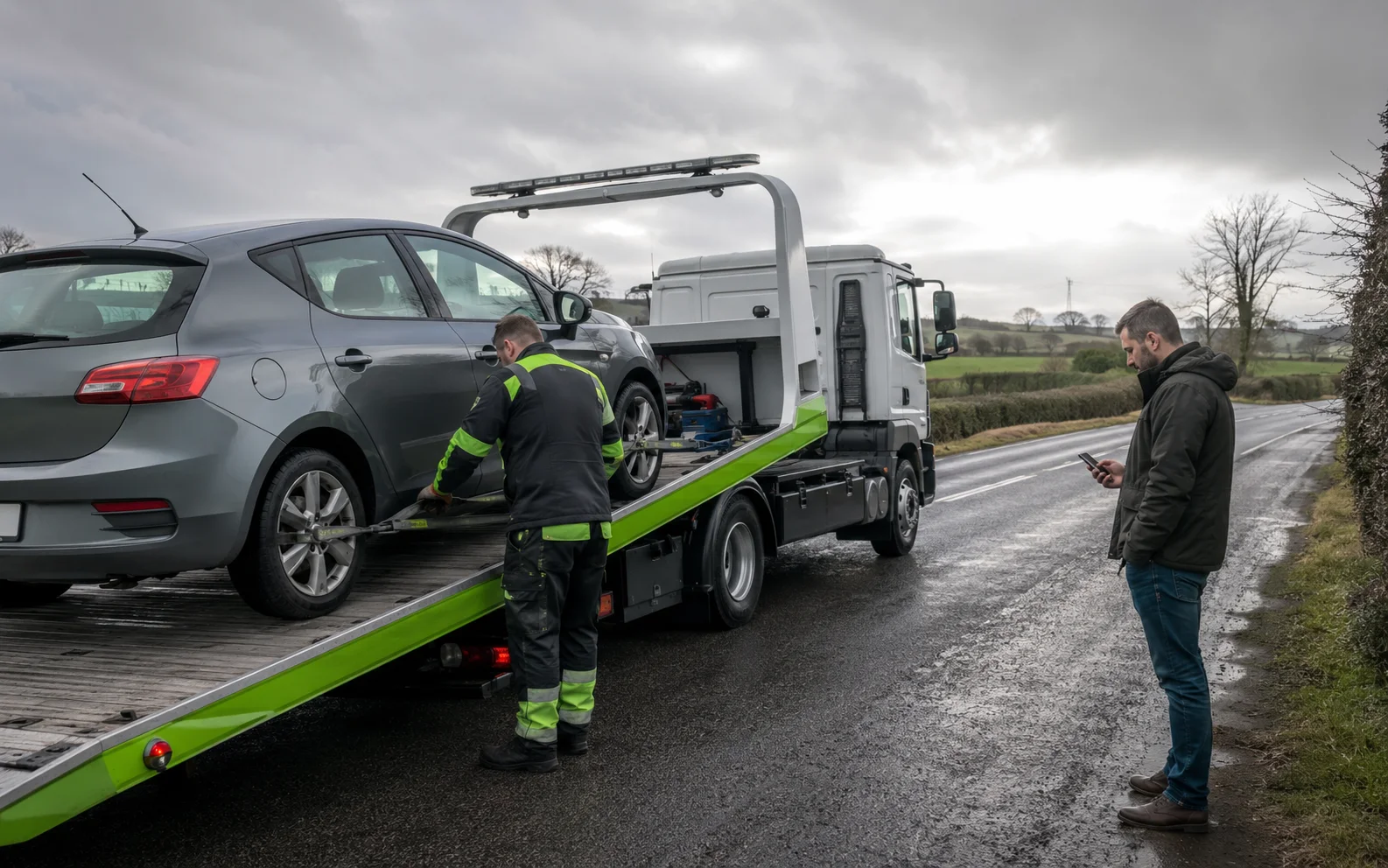 A recovery operator loading a vehicle during a roadside collection.