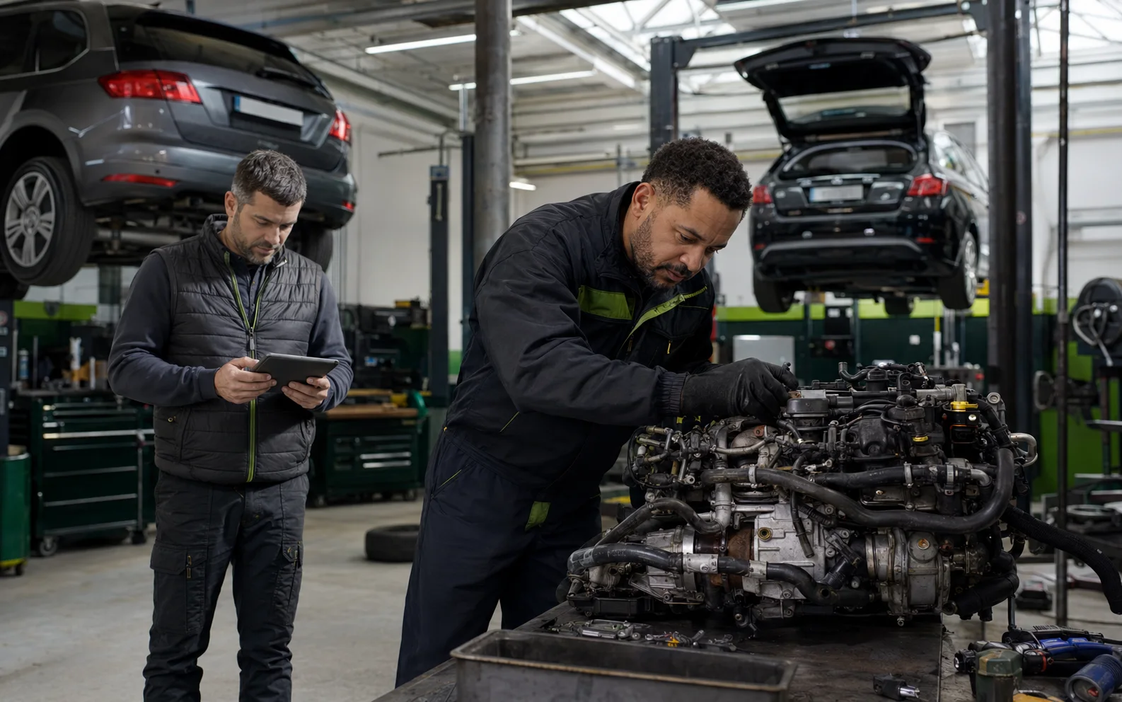 Technicians working across a busy multi-bay workshop floor.