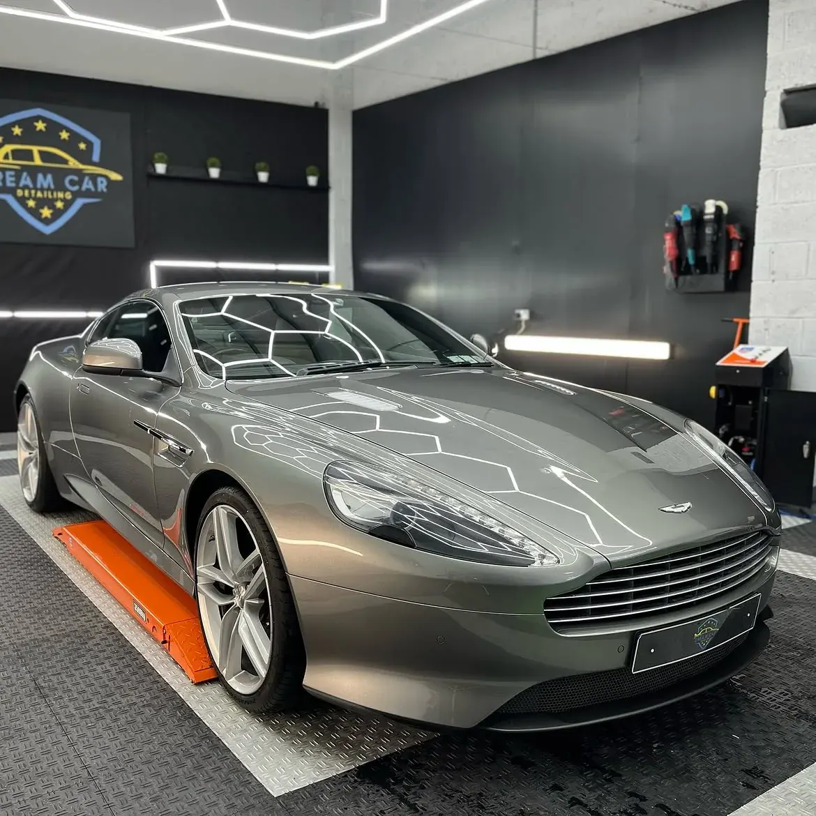 An Aston Martin DB9 in the Dream Car Detailing studio in Drogheda